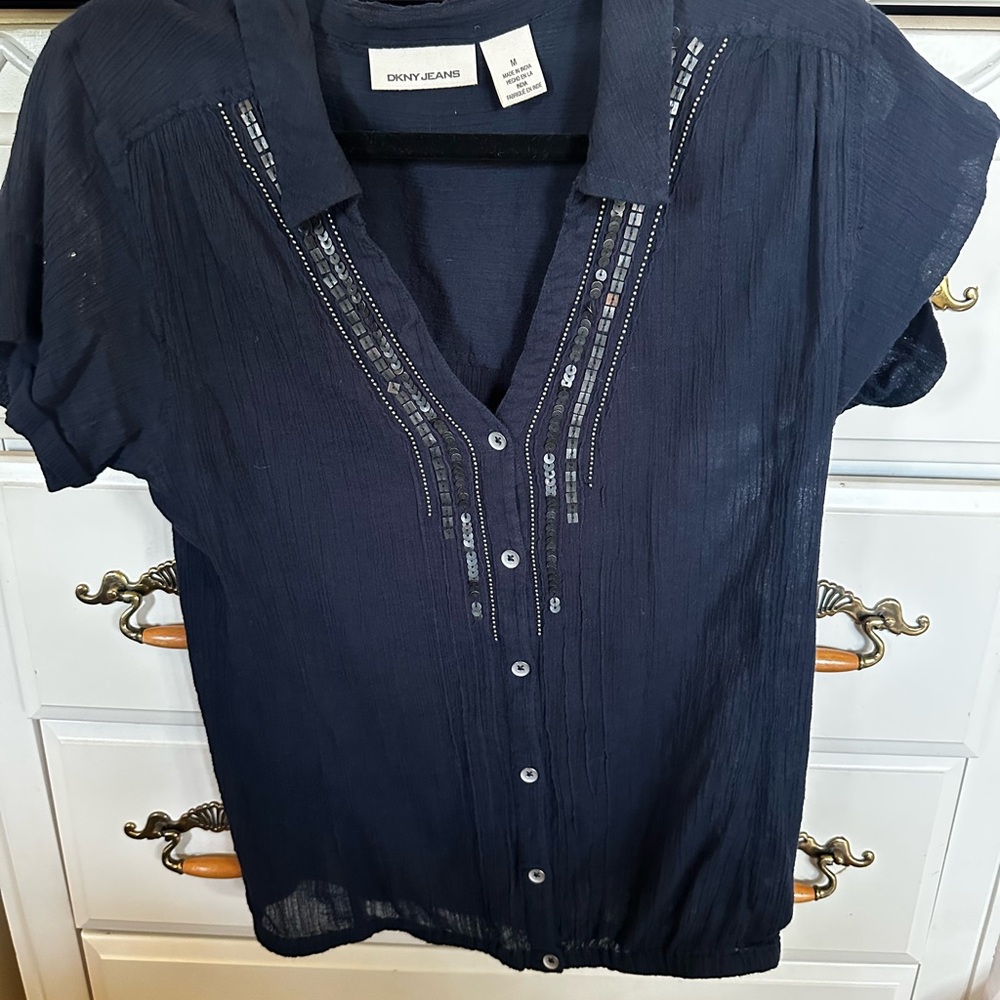 Dkny Navy Button-Front Blouse with Sequin/Beaded Trim & Elastic Waist